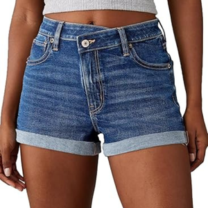Shorts en jean taille haute pour femme, ourlet retroussé, couleur unie, décontracté, pour l'été, avec poches, coupe classique, bleu - Product Image 2