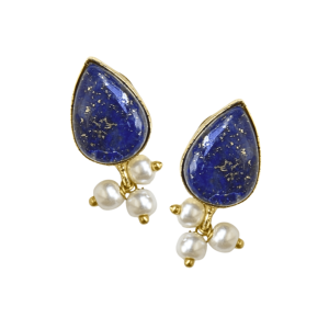 Water Drop Shape Lapis Lazuli <b>Stud</b> <b>Earrings</b> Imitation Pearls 18K Gold Plated Trendy Brass Bezel Setting Women's Party Jewelry - Product Image 3