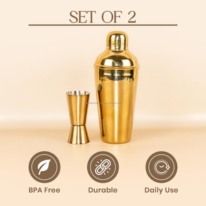 Prix d'usine – Ensemble de 3 shakers à cocktail dorés en acier inoxydable avec passoire et doseur – Kit de barware - Product Image 5