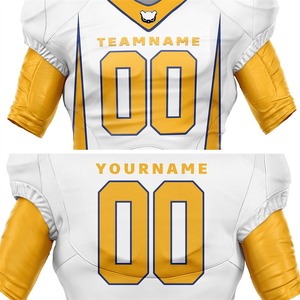 Ensemble d'uniformes de football américain personnalisés, casque, chaussettes, gants, maillot sublimé blanc, bleu, or, vêtements de sport d'été pour hommes, coupe courte - Product Image 6