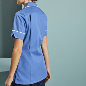 Blusa de Uniforme de Enfermera Azul para Mujer, Manga Corta, Tejido de Algodón y Poliéster, Ropa de Trabajo para Hospital con Ribete Blanco y Bolsillos - Product Image 2