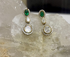 <b>studs</b> <b>earring</b> in drop design with green doublet in silver jewelry 925 for bridal polki stone handmade jewelry for women - Product Image 4