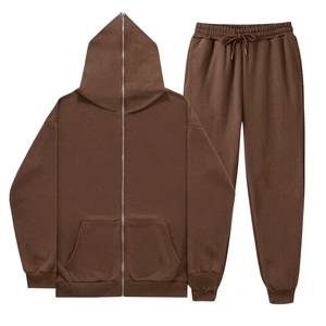 Unisex <b>Brown</b> Hooded Tracksuit Set Full Zipper Casual Solid Color Sweatshirt and <b>Jogger</b> Pants 100% Cotton Midweight Autumn Wear - Product Image 1