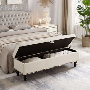 Panca letto ottomana da 59 pollici con contenitore in tessuto beige, mobile per camera da letto - Product Image 2