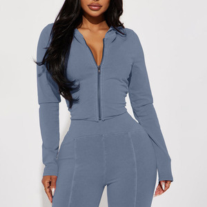 High Quality Women's Blue 2-Piece Knitted Set Long Sleeve Zipper <b>Top</b> Flare Pants Sexy Outfit Solid Color Washed Tracksuit Sets - Product Image 3