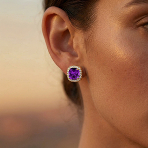 Natural February Birthstone Amethyst Gemstone & Real Diamonds Studded 18k Solid Gold Rhodium Earring Studs Women's Gift - Product Image 2