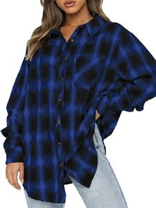 Chemise en flanelle à carreaux surdimensionnée pour femme, à manches longues, boutonnée, style shacket, noir et blanc, coupe décontractée, chemisier ample - Product Image 2