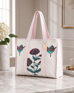 Premium Large Hand Block Printed Quilted Cotton Tote Bag Floral Jaipur <b>Shopper</b> Bag For Women Export Quality - Product Image 4