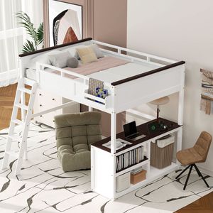 Letto a soppalco matrimoniale con scrivania bianca, ripiano aperto, contenitore portaoggetti e stazione di ricarica USB - Product Image 3