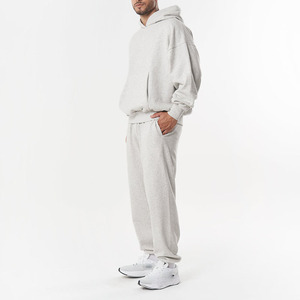 Ensemble de jogging deux pièces pour homme, coupe ample personnalisée, gris chiné, léger, en molleton de coton, comprenant un sweat à capuche et un pantalon de jogging - Product Image 2