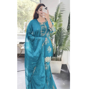 Blue Floral <b>Indian</b> Pakistani Set Embroidered Long <b>Top</b> Lace Hem Palazzo Pants Festive Salwar Kameez Outfit - Product Image 3