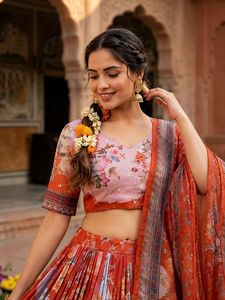 Lehenga Choli de Diseño Étnico Tradicional Indio para Bodas, con Estampado Digital y Bordado, para Ocasiones Especiales, para Mujeres - Product Image 6