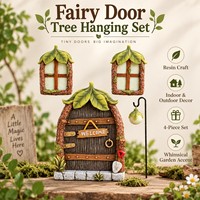 Accessoires de jardin féerique miniature en résine : Porte d'accueil avec fenêtres assorties et lanterne suspendue pour intérieur et extérieur