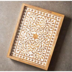 Plateau décoratif en bois naturel avec incrustation florale, plateau ottoman avec motif étoile, vaisselle de luxe pour la cuisine, plateau de service pour mariage et cadeaux - Product Image 1