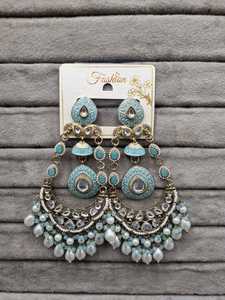 Lucentarts Jewel Green Meenakari Chandbali Jhumka <b>Earring</b> Pearl Beads <b>Dangle</b> <b>Earring</b> Traditional Indian Bridal Jewelry Wholesale - Product Image 1