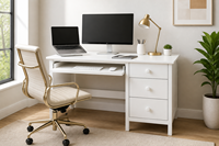 Bureau d'ordinateur moderne en bois blanc, écologique et durable, avec plateau pour clavier coulissant à 3 tiroirs, résistant à l'eau, autoportant