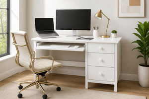 Modern White Wooden Computer <b>Desk</b> with 3 Drawers and Pull-Out Keyboard Tray for Home Office <b>Study</b> Room - Product Image 3