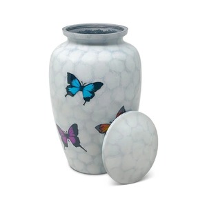 Urna Funeraria de Metal con Mariposas Pintadas, Blanca con Mariposas, Estilo Americano, Capacidad de 200 Pulgadas Cúbicas - Product Image 1