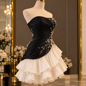 Robe de cocktail trapèze en mousseline de soie noire et ivoire, sans bretelles, froncée, brodée de fleurs, à volants superposés, pour le printemps et les fêtes - Product Image 3
