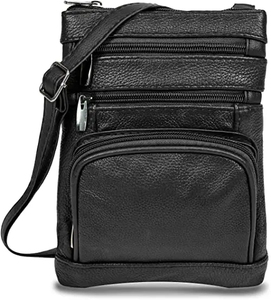 Genuine Leather Crossbody <b>Bag</b> With Multiple Zip Pockets Anti-Theft Design Single Strap <b>Black</b> Minimalist Style - Product Image 1