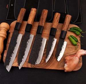 Steel Craft International Hand Forged 5-Piece Damascus Steel Chef <b>Knife</b> <b>Set</b> 67 Layers Wooden Handles <b>Sharp</b> Serrated Blades - Product Image 4