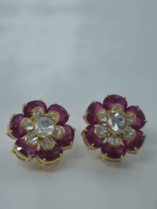 925 Sterling <b>Silver</b> Polki <b>Stud</b> Earrings Nano Pink Flower Shape Indian Jewelry for Women gift for her - Product Image 2