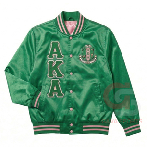 Alpha |   Kapa |   Blouson bomber en satin vert et rose Alpha Sorority avec lettres grecques, coupe-vent, pour femme, style court - Product Image 1