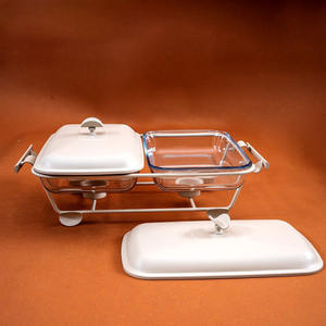Ensemble de réchauds à double paroi en verre de qualité supérieure, cadre en acier inoxydable avec poignées dorées, rectangulaire, 2 bacs, chauffe-plats pour restaurant et buffet - Product Image 4