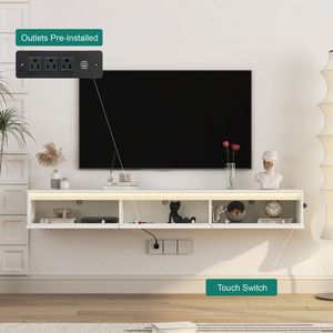 Soporte de TV para Montar en la Pared con Luces LED y Tomacorriente, Mueble Flotante para TV de Sala de Estar para Entretenimiento en el Hogar - Product Image 6
