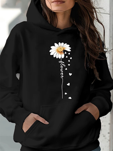 Sudaderas con capucha para mujer, nueva calidad, cálidas y holgadas para otoño e invierno, con estampado de girasoles, de terciopelo, de manga larga. - Product Image 1