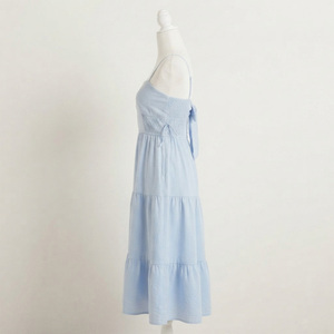 Light Blue Spaghetti Strap Maxi <b>Dress</b> <b>Elastic</b> <b>Waist</b> Tiered A-Line Casual Summer Cotton Woven Solid Color Regular Eco-Friendly - Product Image 2