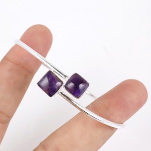 Wholesale 925 Sterling Silver Plated Natural Amethyst Cuff <b>Bracelet</b> Square <b>Stone</b> Handmade Gemstone Bangle Jewelry for Women - Product Image 3
