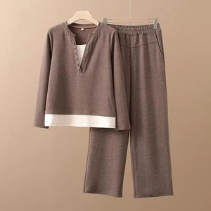 Conjunto de suéter con capucha de punto ligero gris para mujer de talla grande, con estampado asimétrico de manga larga, informal, para otoño, color liso - Product Image 5