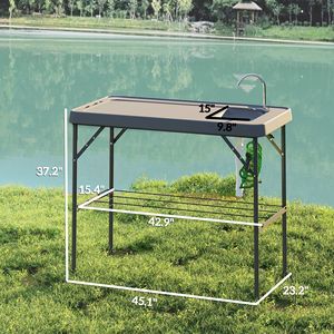 Tavolo Pieghevole Portatile Grigio per Pulizia Pesci con Lavello, Rubinetto, Tubo di Scarico, Spruzzatore e Ripiano per Campeggio e Arredamento Esterno - Product Image 2