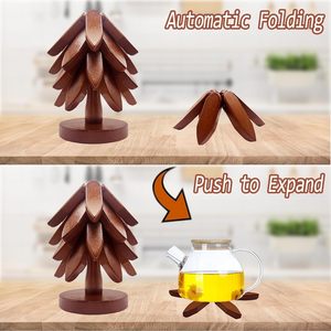 Juego de 4 Posavasos de Madera Ecológicos de Alta Calidad, 1 Soporte Redondo, para Platos Calientes, Posavasos de Cocina Apilables, en Caja - Product Image 3