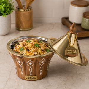 Marvel Handicraft Luxury Wooden Insulated Tagine Casserole with Gold Stainless Steel Lid Premium Hot <b>Food</b> <b>Server</b> Gift Serveware - Product Image 2