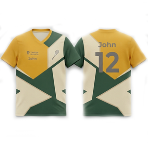 Maillot de squash unisexe haut de gamme en maille performante 100 % polyester 140 GSM respirant, vert doré avec détail de panneau personnalisé sur le devant - Product Image 1