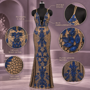 Robe de soirée bleue ornée de fleurs, col en V profond, bretelles doubles, perles florales |   Robe de soirée sirène longue en maille couleur tan - Product Image 5