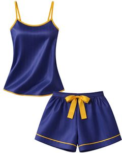 Navy Blue Yellow Satin Women Pajama Set Silk Sleepwear <b>Spaghetti</b> <b>Strap</b> Cami And Shorts Soft Luxury Nightwear Summer Lounge Set - Product Image 1