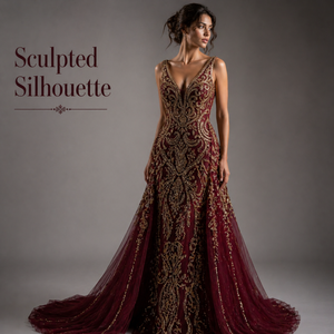 Luxury Burgundy Gold Embroidered Mermaid Evening Gown V Neck Sleeveless <b>Flared</b> Train Dress | OEM Private Label Bulk Supply India - Product Image 6