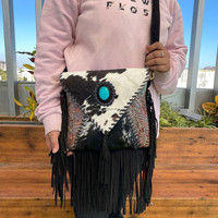 Nouveau sac à main à franges en cuir de vachette, sac bandoulière tendance en cuir de vachette, sac à bandoulière élégant avec pierres turquoise, cadeaux