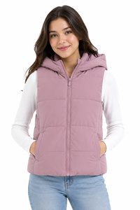 Womens <b>Pink</b> Knitted <b>Waterproof</b> Puffer Vest Hooded Sleeveless Winter <b>Jacket</b> Warm Padded Full Zip Front Lightweight Insulated - Product Image 1