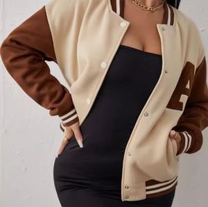 Chaqueta Varsity Color Crema Marrón con Letra A, Estilo Preppy, Logotipo Bordado en la Parte Delantera, Cuello Camisero, Corte Regular, Unisex, para Otoño - Product Image 2
