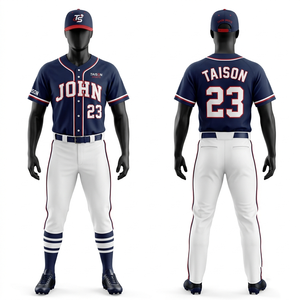 Uniforme de Béisbol de Poliéster Interlock Premium de 220 GSM, Color Crema con Rayas Azul Marino, Raglán, Sublimación Personalizada y Bordado - Product Image 5