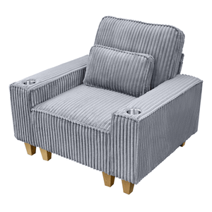 Poltrona Accogliente in Cotone con Seduta Profonda in Velluto a Coste, Portabicchieri in Acciaio Inossidabile Spazzolato, Comoda Sedia Decorativa per Soggiorno - Product Image 1