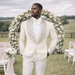 Men’s Ivory Crystal Embellished Wedding Tuxedo Jacket – Designer Rhinestone Shawl Lapel <b>Blazer</b> for Groom & Luxury Party Wear - Product Image 1
