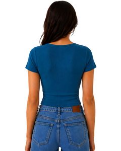 Top Corto de Punto Acanalado Azul Verde Azulado Personalizado para Mujer, Manga Corta, Cierre de Botones Delanteros, Corte Ajustado, Cuello Cuadrado, Blusa Informal de Verano de Algodón - Product Image 2