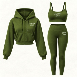 Conjunto deportivo de 3 piezas para mujer con logotipo personalizado, chaqueta deportiva con cremallera de manga larga, sujetador deportivo y pantalones capri para correr. - Product Image 2