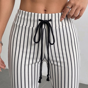 Women High Waisted Striped Flare Pants Loose Fit <b>Drawstring</b> Casual <b>Trouser</b> Full Length 100% Cotton Knitted Pants Women's - Product Image 6