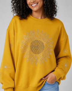 Women's Oversized Yellow Crewneck Sweatshirt With Rhinestone <b>Sequined</b> Sunflower Print Regular Sleeve Knitted Cotton Autumn Style - Product Image 6